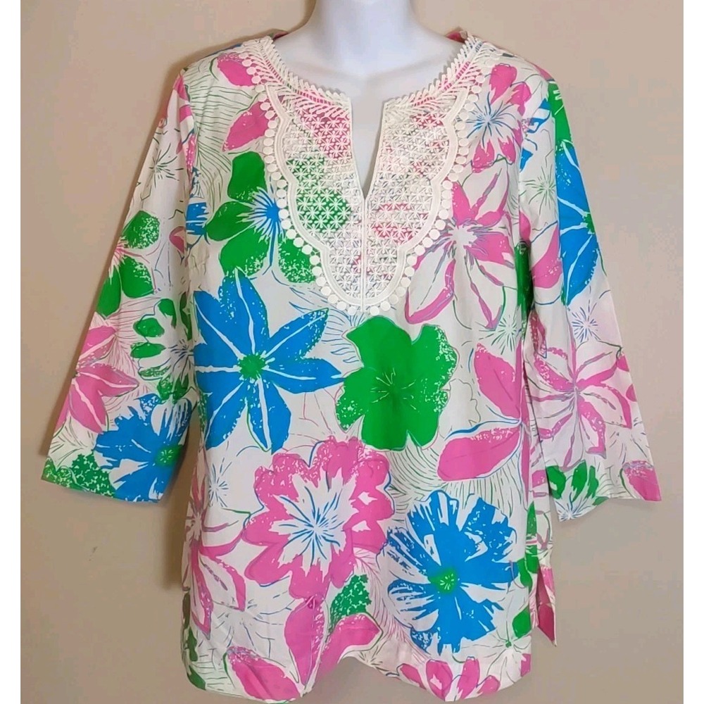 Talbots Multicolor tropical print lace trim Neckline cotton tunic shirt Size M